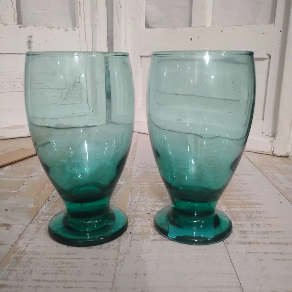 Modern Retro Cristar Lexington Turquoise Blue Green Pedestal Water Glasses NOS
